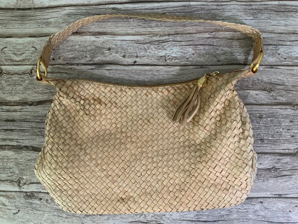 Elliot Lucca Tan Woven Leather Shoulder Bag Tote Red Lining Boho
